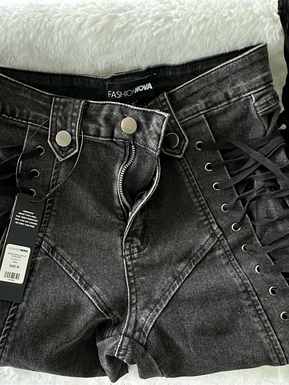 Fashion Nova After Hours Black Lace-Up High-Waist Denim Flare Jeans Size M
